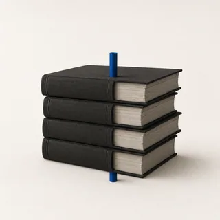 A stack of bound ledgers beside a single open book, joined at the base.