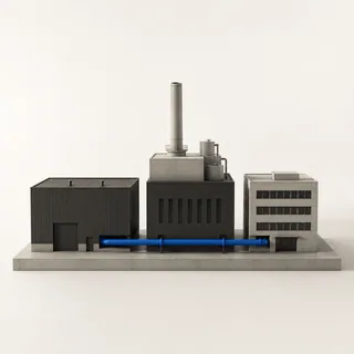 Three industrial plant buildings joined at their bases by one continuous pipe.