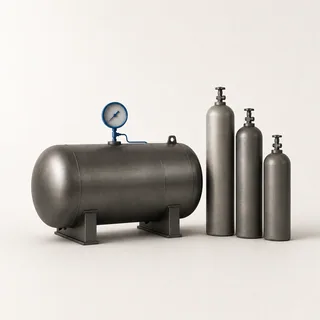 Three refrigerant cylinders standing beside a horizontal bulk storage tank.