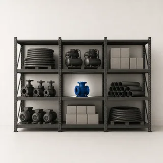 An open shelving wall of stacked stock with one compartment holding a single part.