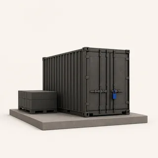 A closed shipping container on a low plinth beside a loaded pallet, with a single blue seal on the door.