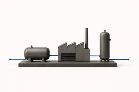 Model of an industrial plant: a storage tank, a sawtooth roof plant building and a vertical receiver on one base, threaded by a single blue line.